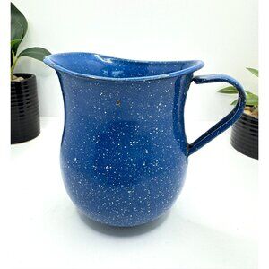 Vintage Speckled Blue Enamelware Creamer Pitcher With Handle - Farmhouse Rustic